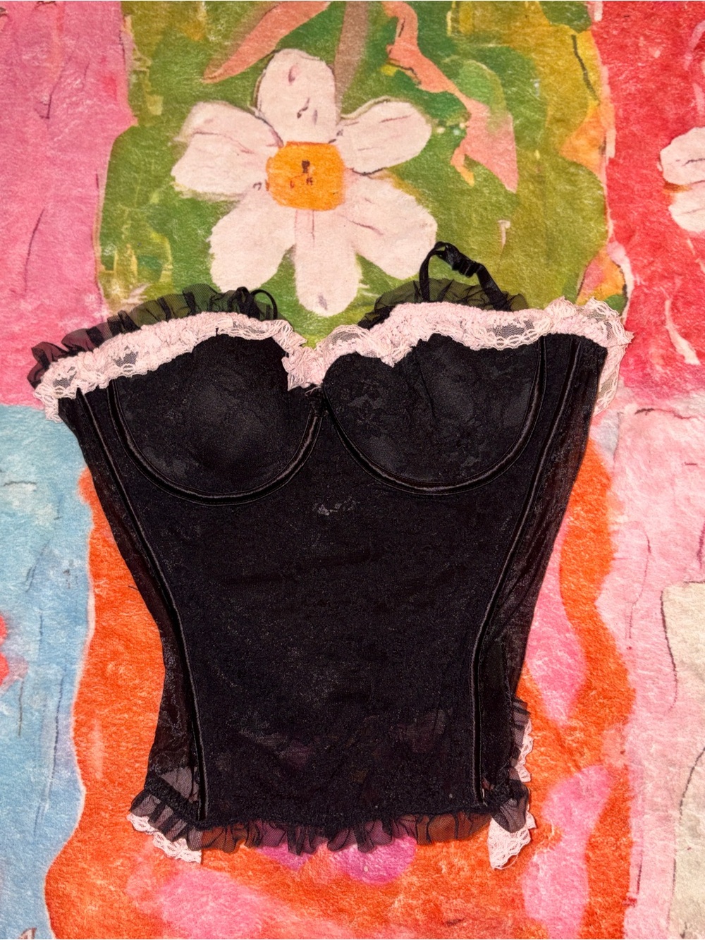 Blush Black Bustier with Pink Lace Trim